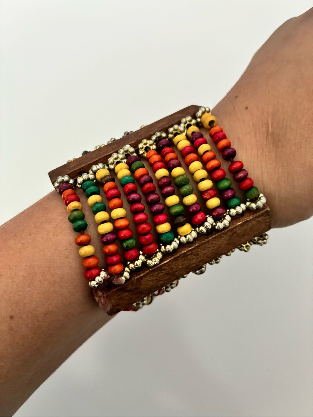 Multicolor Beaded Wooden Cuff Bracelet - Women Jewelry
